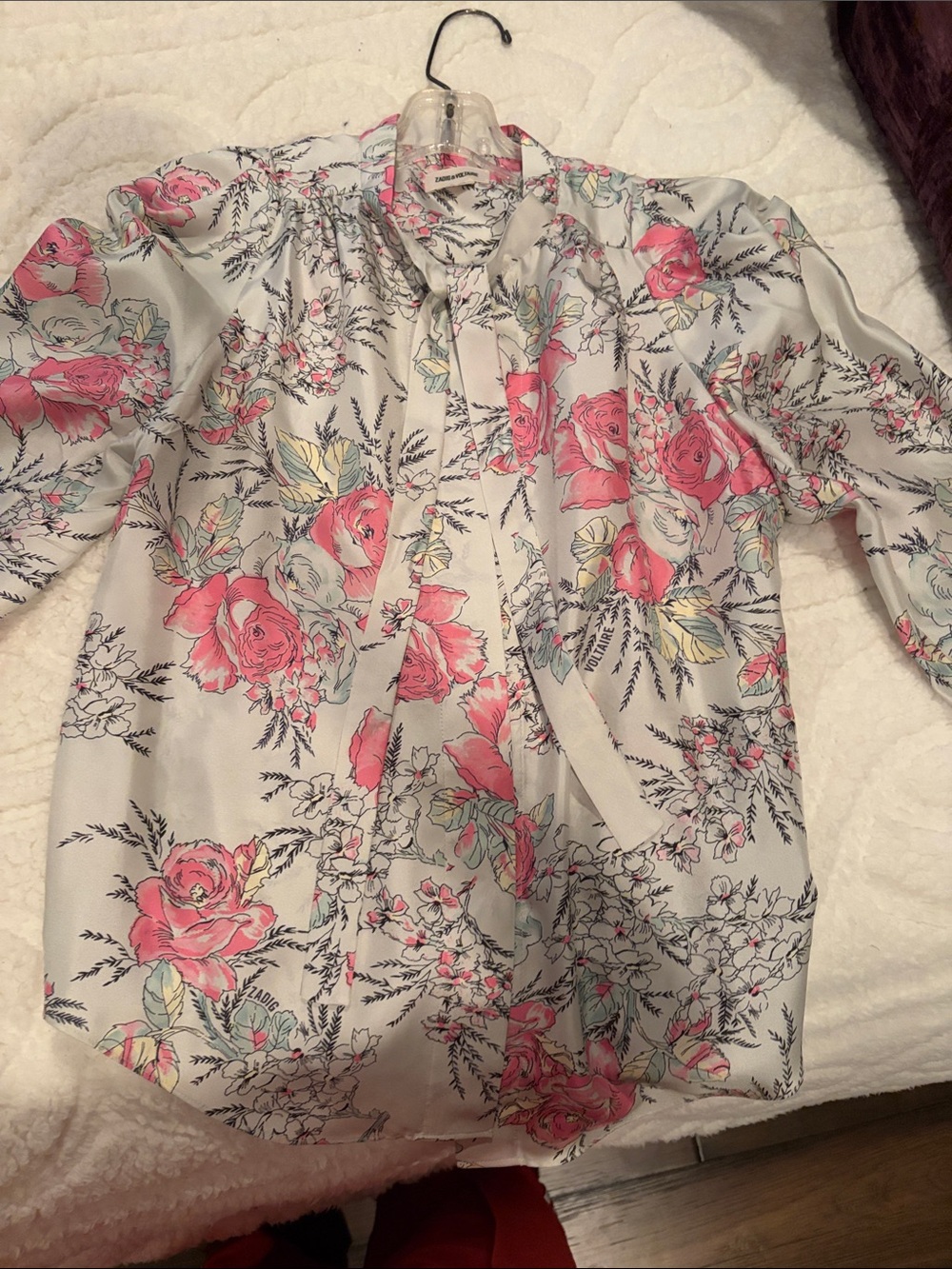 Zadig & Voltaire Pink Floral Tie-Neck Blouse on White